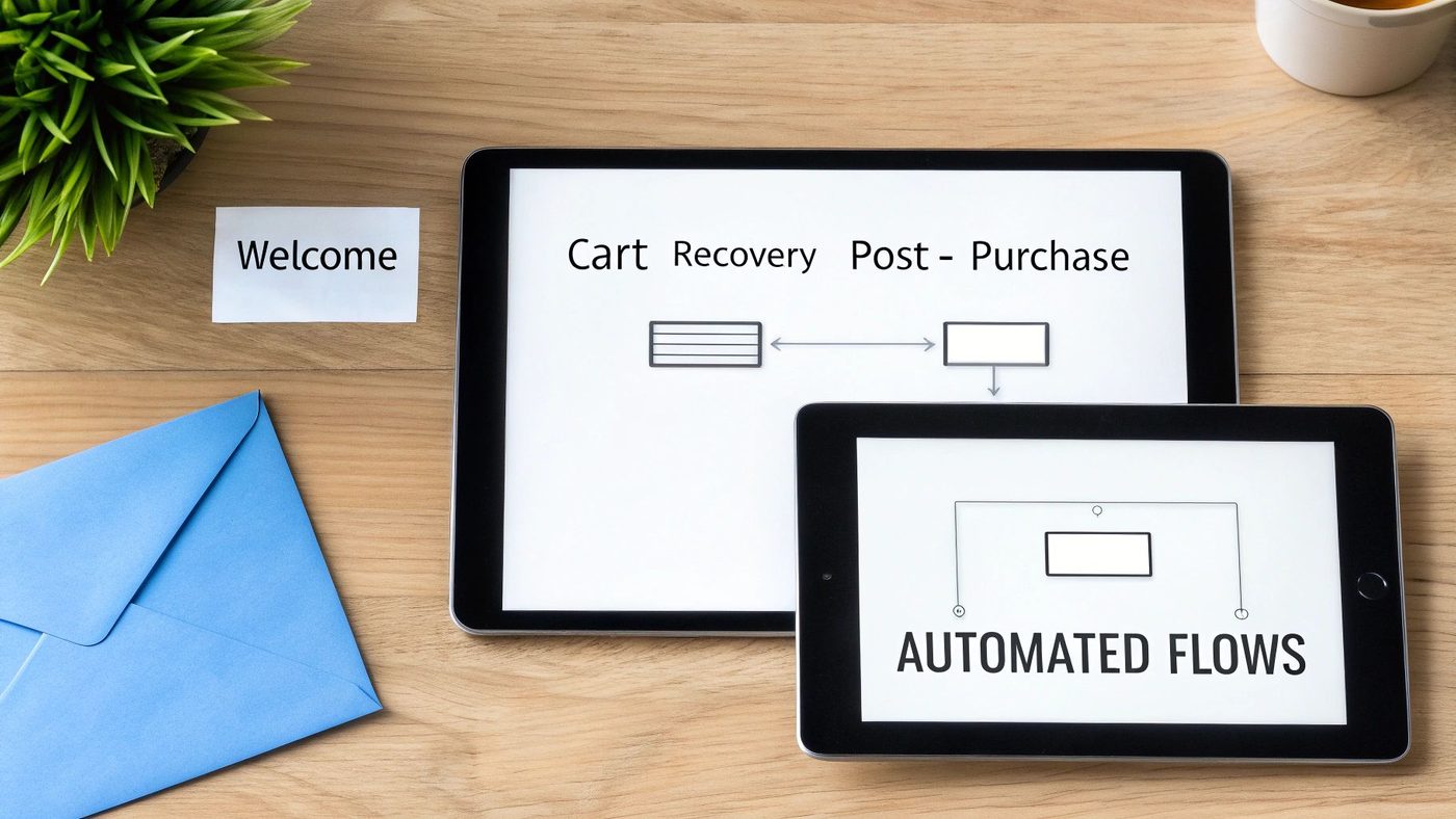 Two tablets on a wooden desk show automated marketing flows for cart recovery and post-purchase.