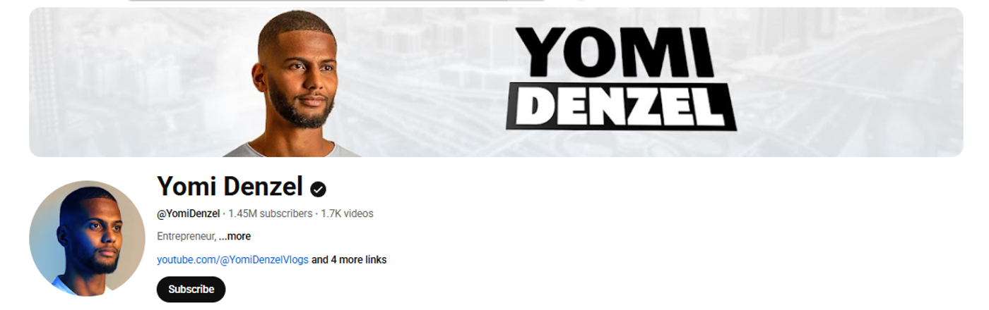 Screenshot of Yomi Denzelâs YouTube profile.