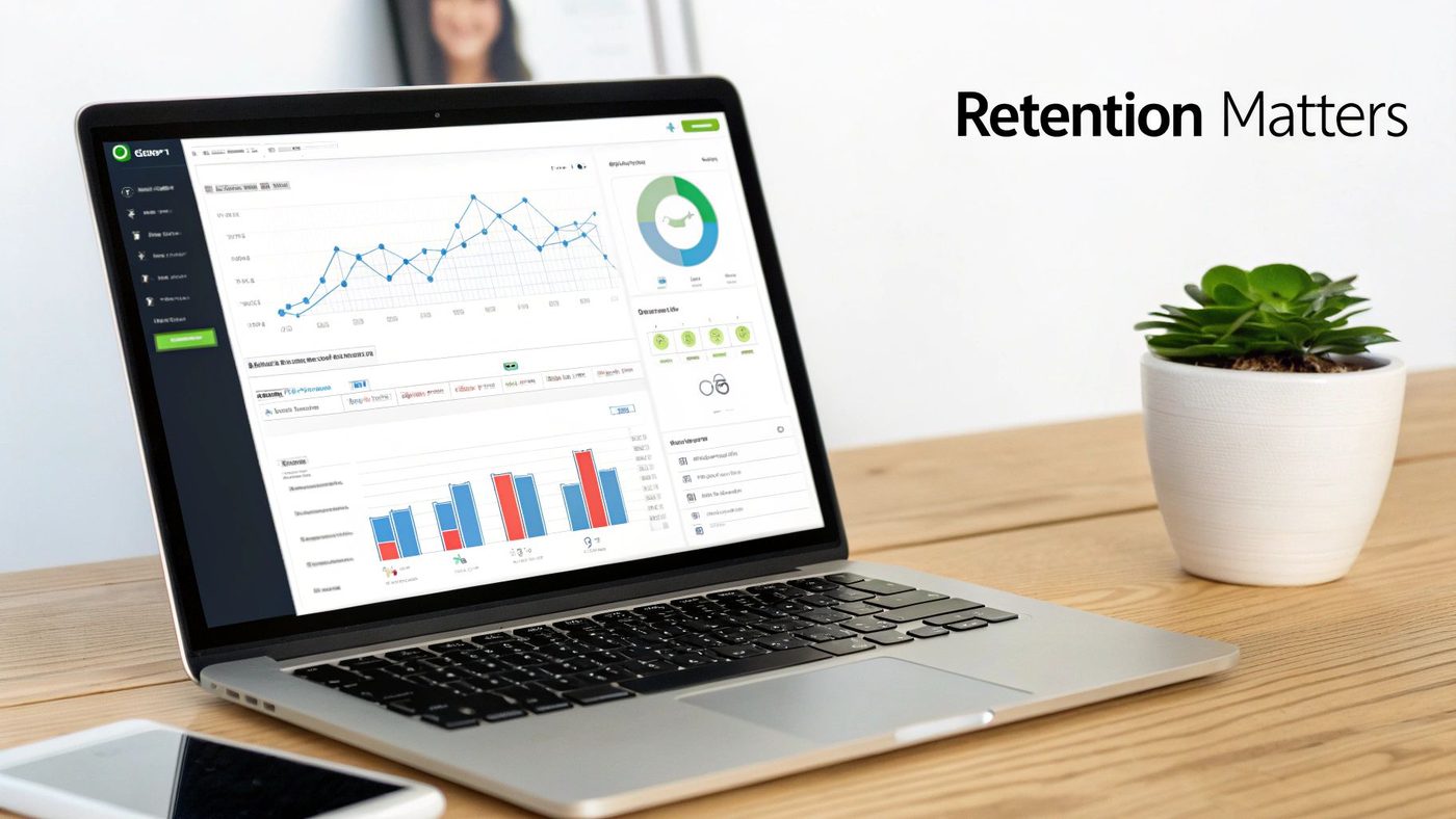 A laptop on a wooden desk displays customer retention graphs and charts, with 'Retention Matters' text.