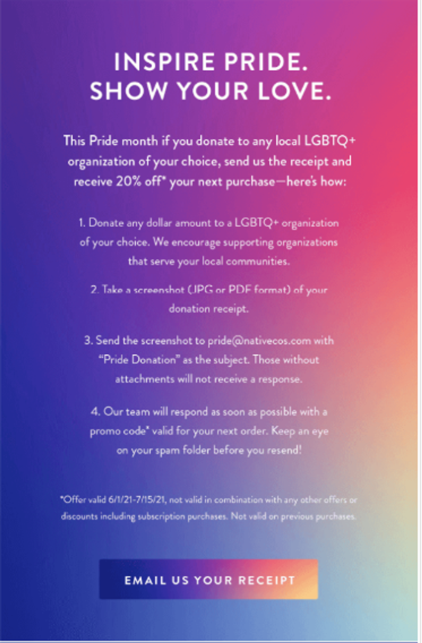 Screenshot of a Pride Month exclusive offer email.