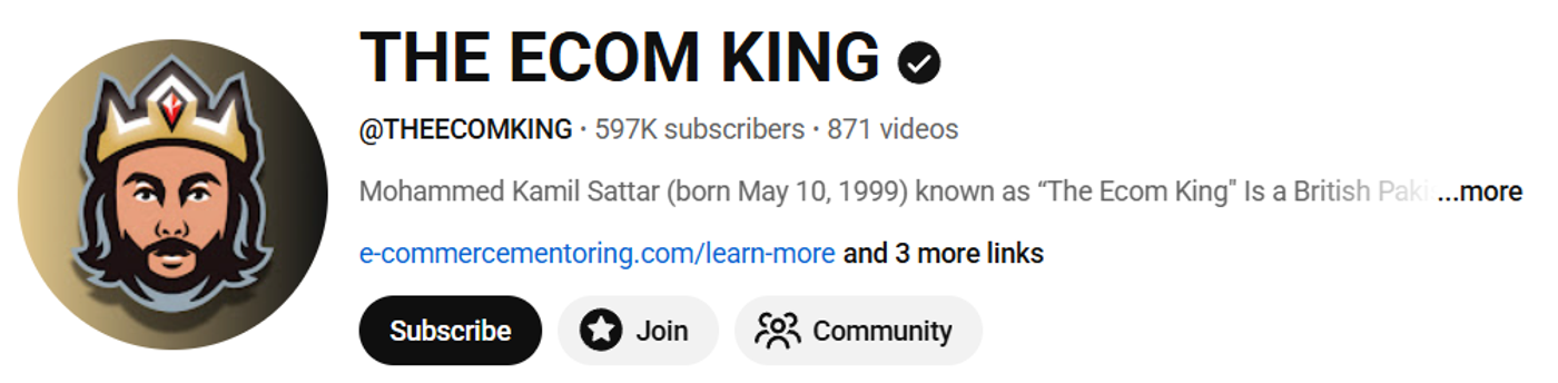Screenshot of The Ecom King’s YouTube profile.