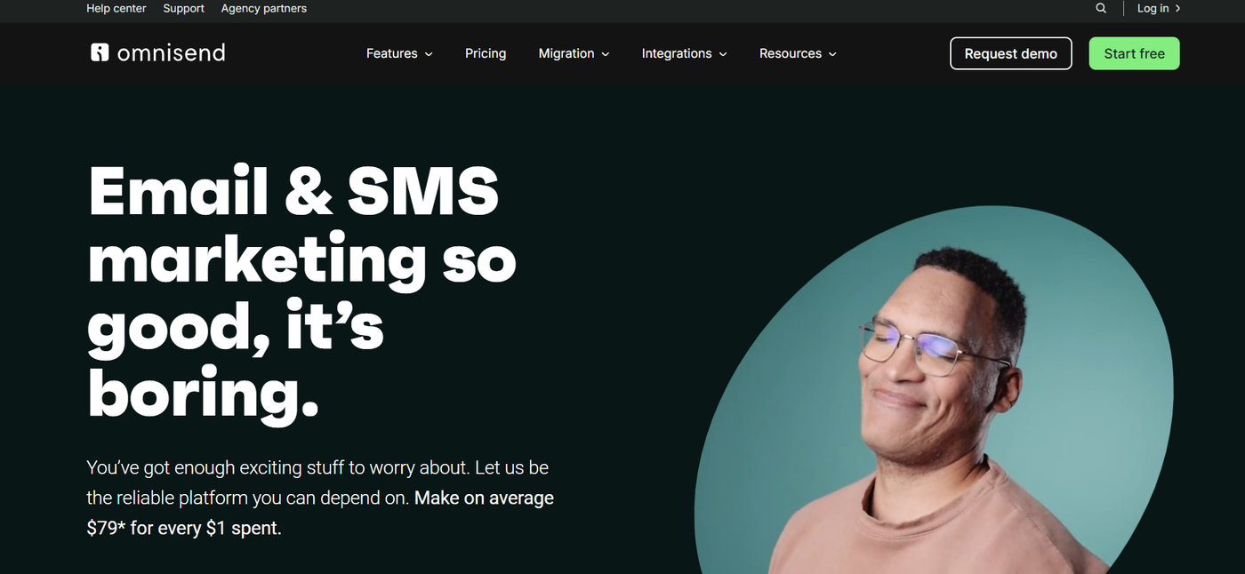 Screenshot of Omnisend’s homepage displaying its email and SMS marketing platform for ecommerce brands with automation workflows and Shopify connectivity.