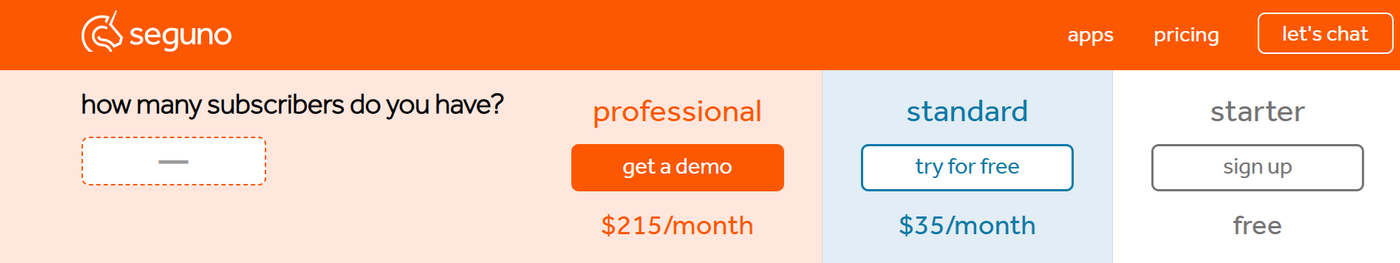 Seguno’s pricing page showing email marketing plans and monthly pricing tiers.