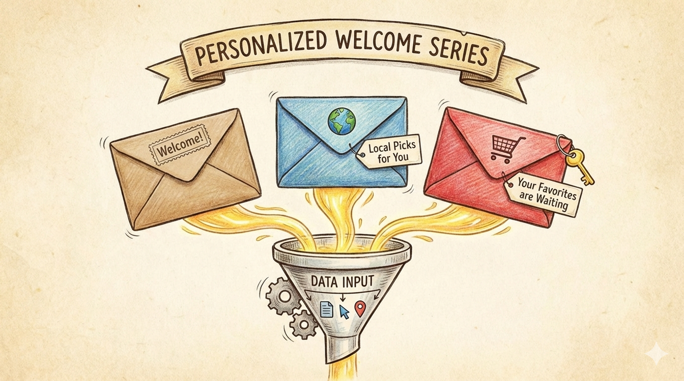 Hand-drawn illustration showing a data input funnel feeding into customized email envelopes, representing a personalized welcome series.