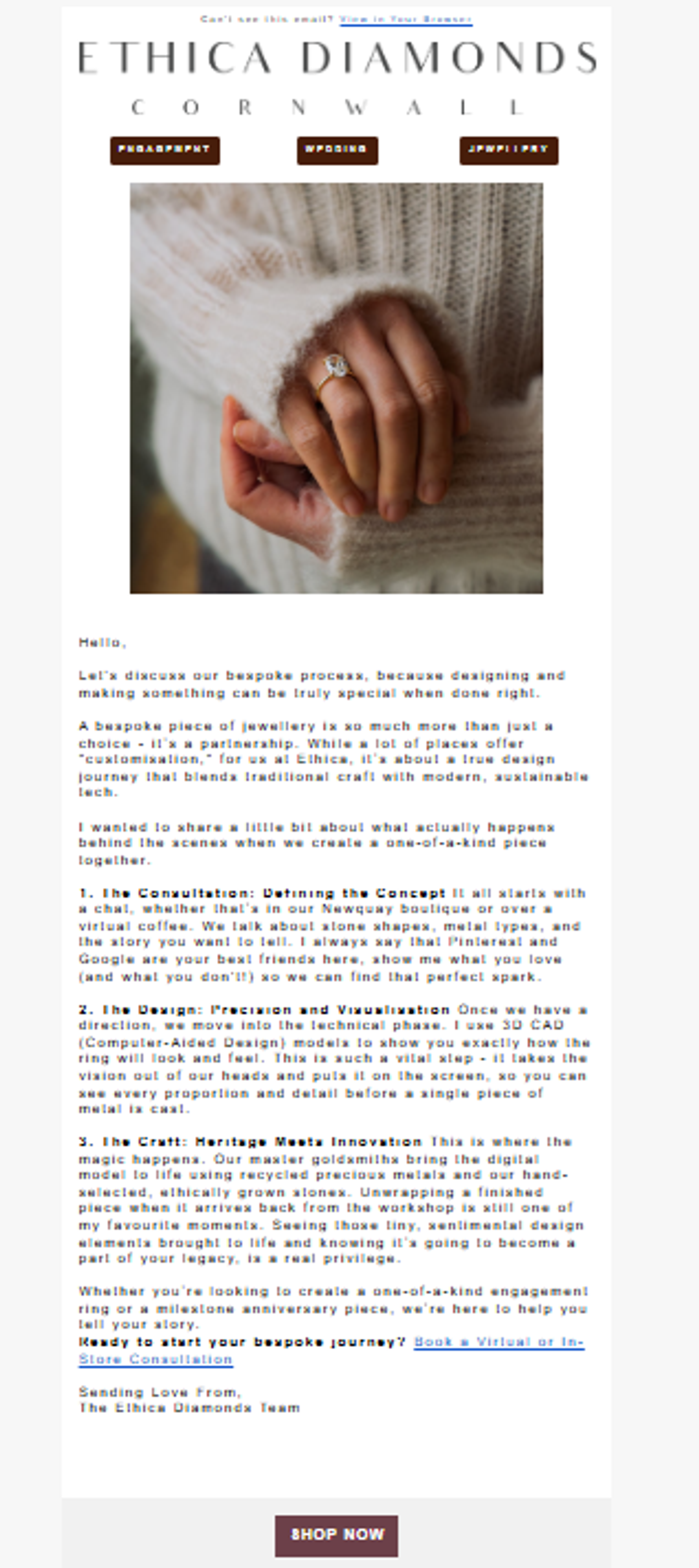 Screenshot of an email from a jewelry business that shares a brief background of the brand.