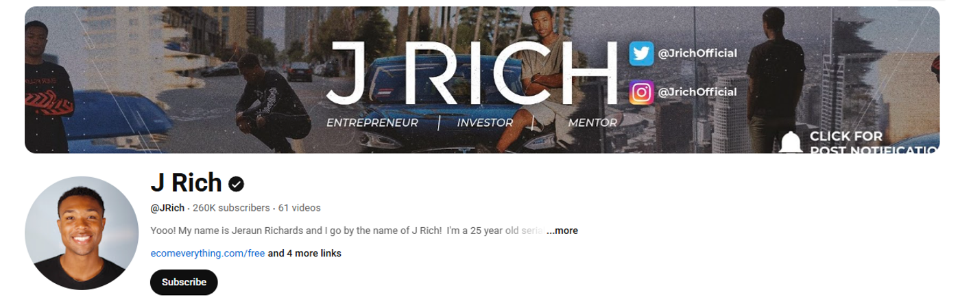 Screenshot of J Rich’s YouTube channel.