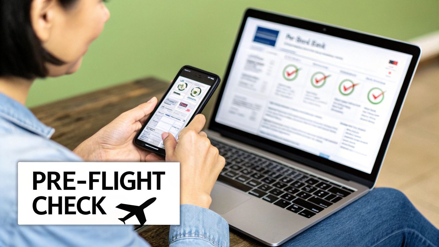 A person smiles while reviewing a pre-flight checklist on a laptop and smartphone.
