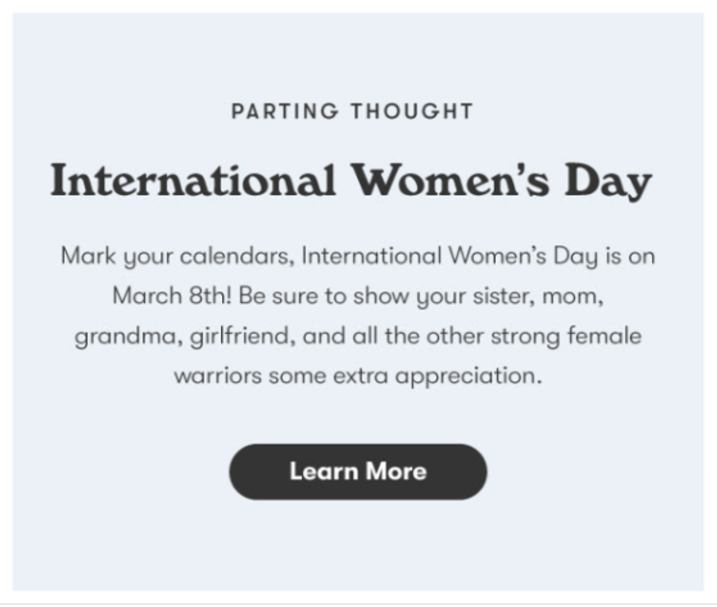 Screenshot of a limited-time offer email related to International Women’s Day.