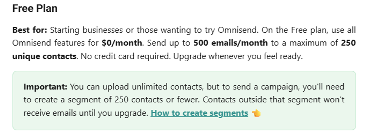 Omnisend free plan features overview.