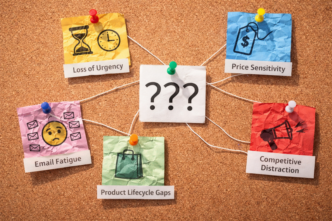 Corkboard displaying common reasons customers become inactive, including loss of urgency, price sensitivity, email fatigue, product lifecycle gaps, and competitive distraction.