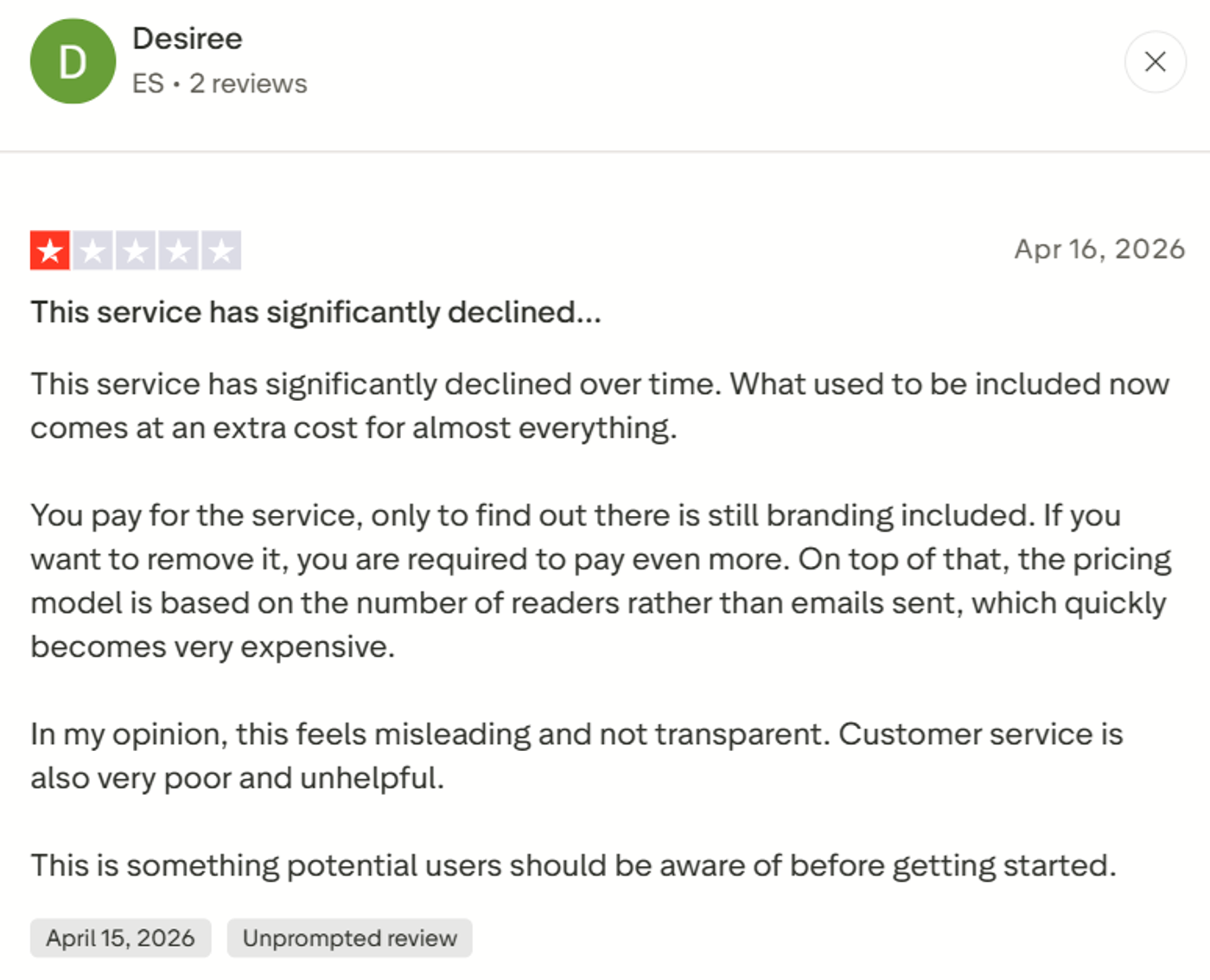 Screenshot showing a Flodesk review on Trustpilot.