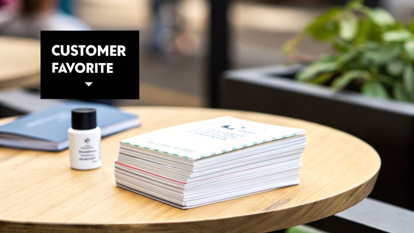 A black 'CUSTOMER FAVORITE' sign hangs above a wooden table with a small bottle, a book, and stacked papers.