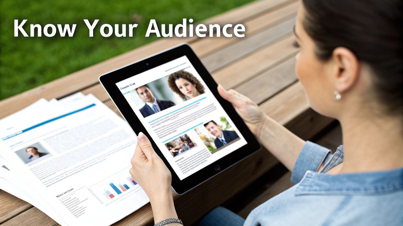 A woman outdoors reviews a business report on a tablet and papers, with 'Know Your Audience' text.