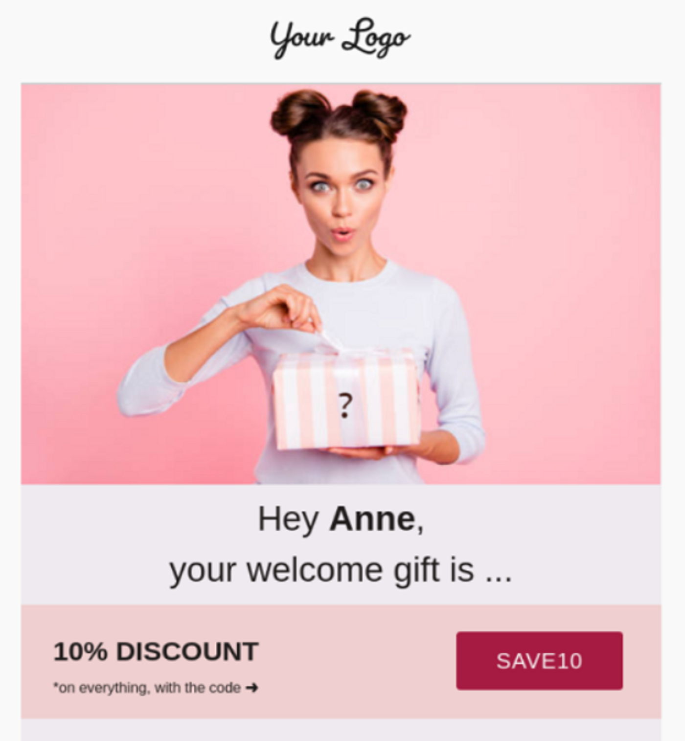 Screenshot of a welcome email that mentions a free/welcome gift.