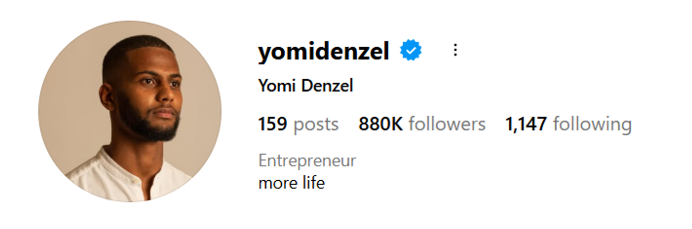 Screenshot of Yomi Denzelâs Instagram profile.