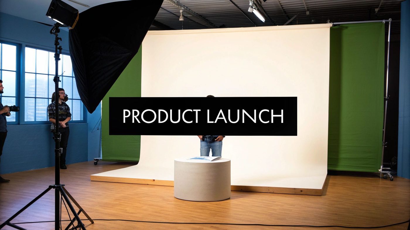 A photo studio setup with two crew members, lighting, a white backdrop, and a "PRODUCT LAUNCH" overlay.