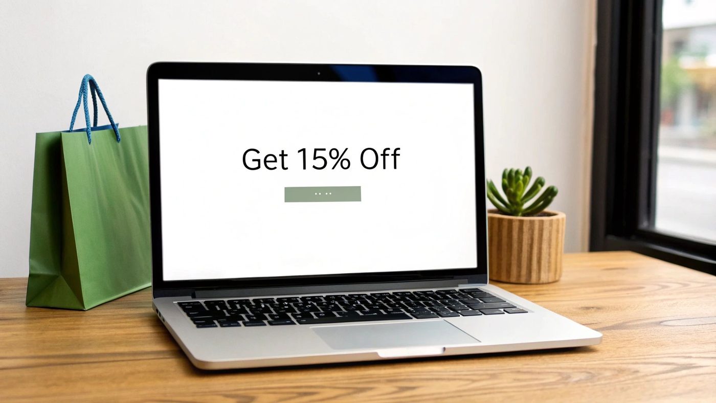 A laptop on a wooden desk displays a "Get 15% Off" message, next to a green shopping bag and a small potted plant.
