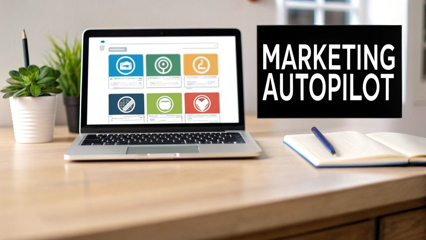 Desk setup with a laptop showing marketing software, a plant, and a "MARKETING AUTOPILOT" sign.