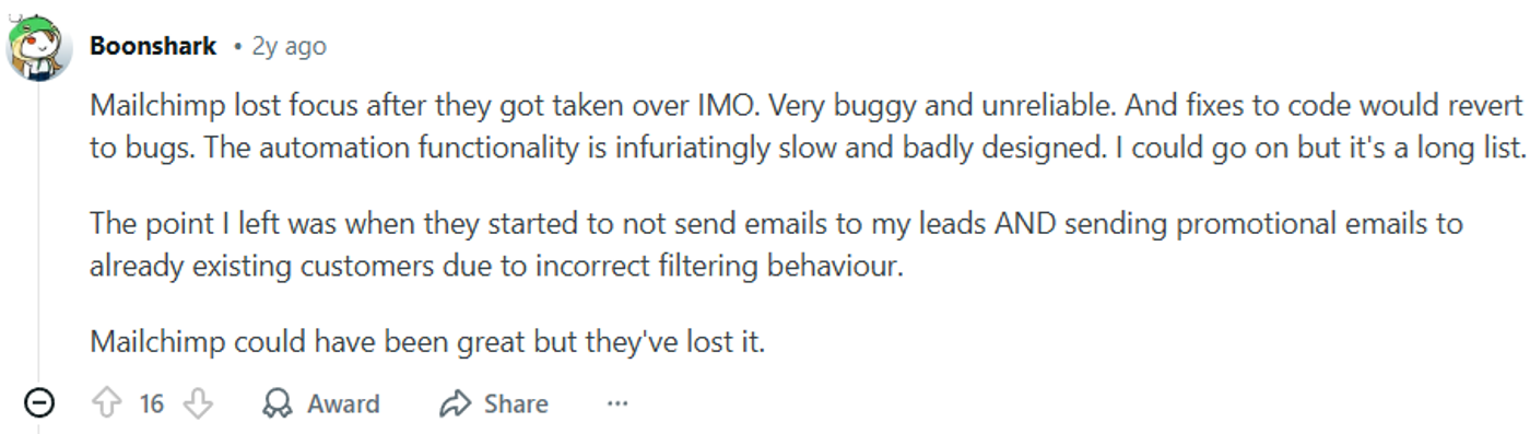Screenshot of Mailchimp reviews on Capterra displaying user feedback about interface complexity and available marketing tools.