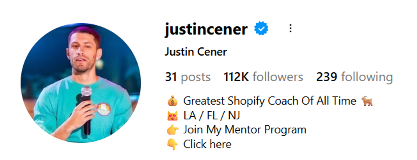Screenshot of Justin Cener’s Instagram profile.