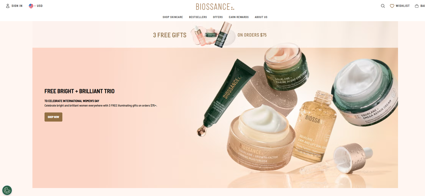Screenshot of a skincare brand’s homepage.