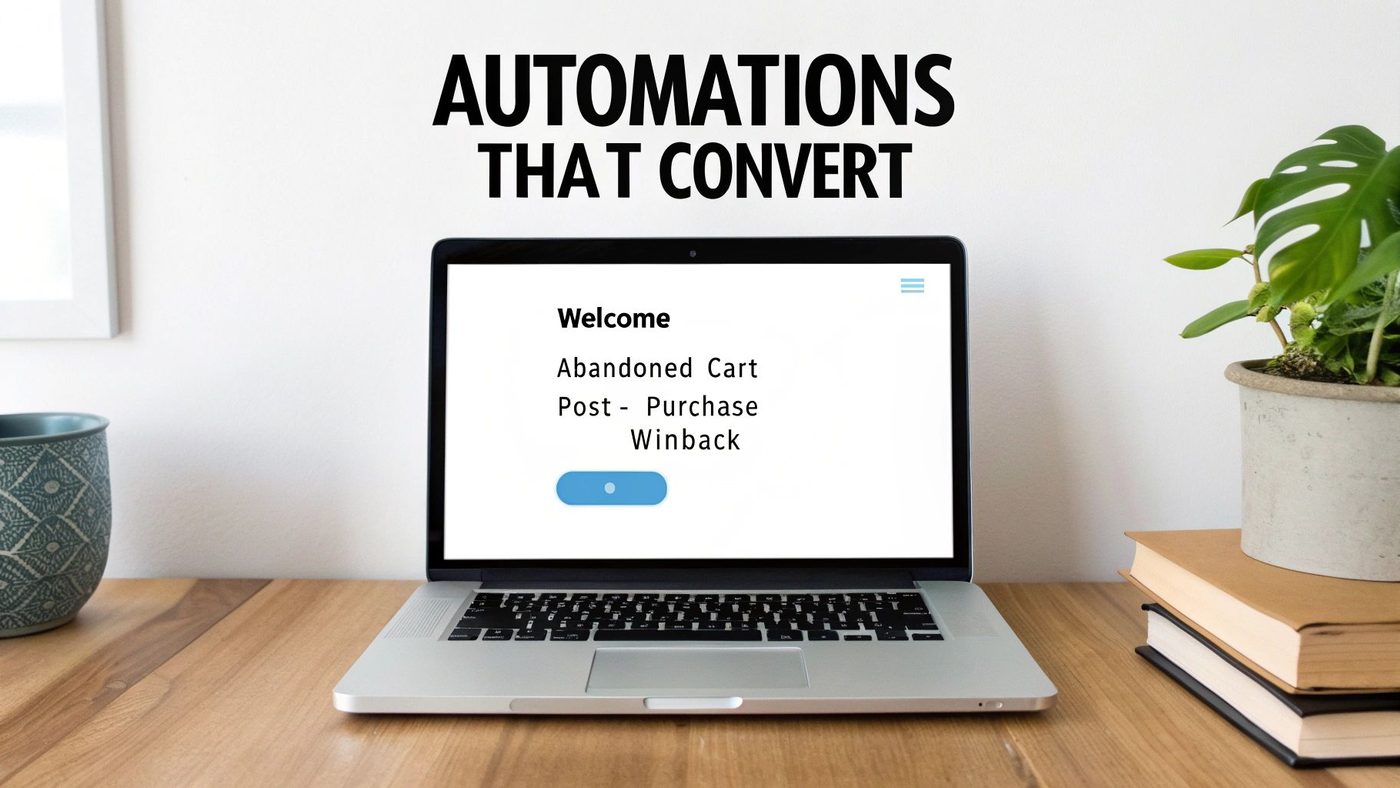 Laptop displaying 'Automations That Convert' with abandoned cart, post-purchase, and winback strategies listed.