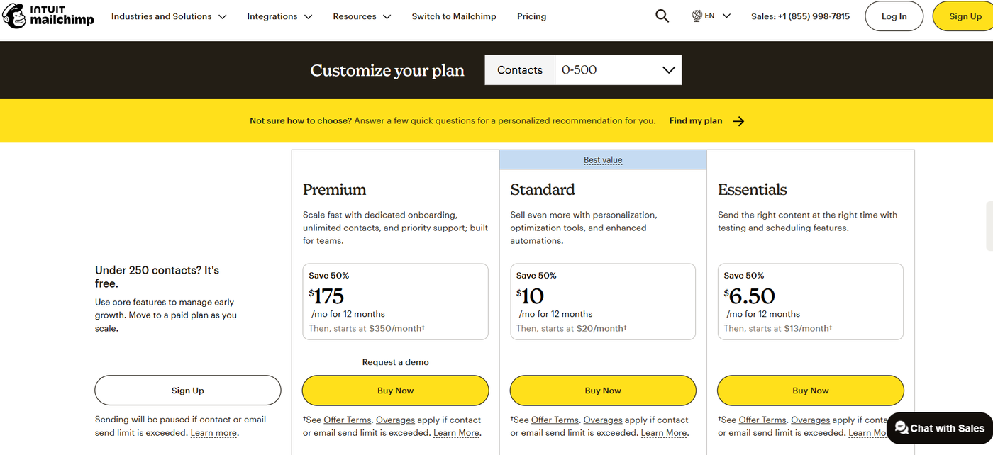 Screenshot of Mailchimpâs pricing page showing different plans
