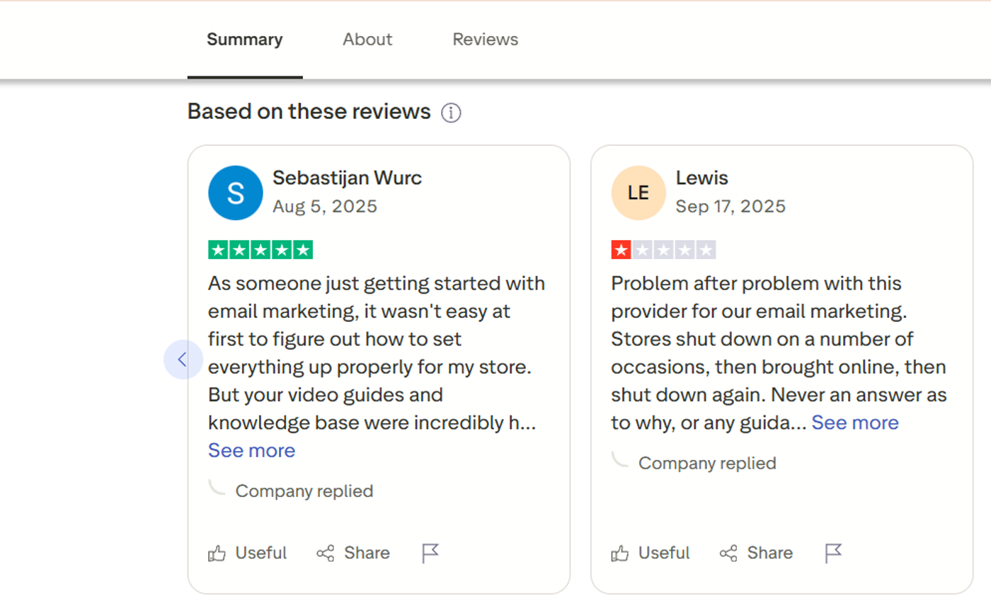 Screenshot of Omnisend reviews from Trustpilot.