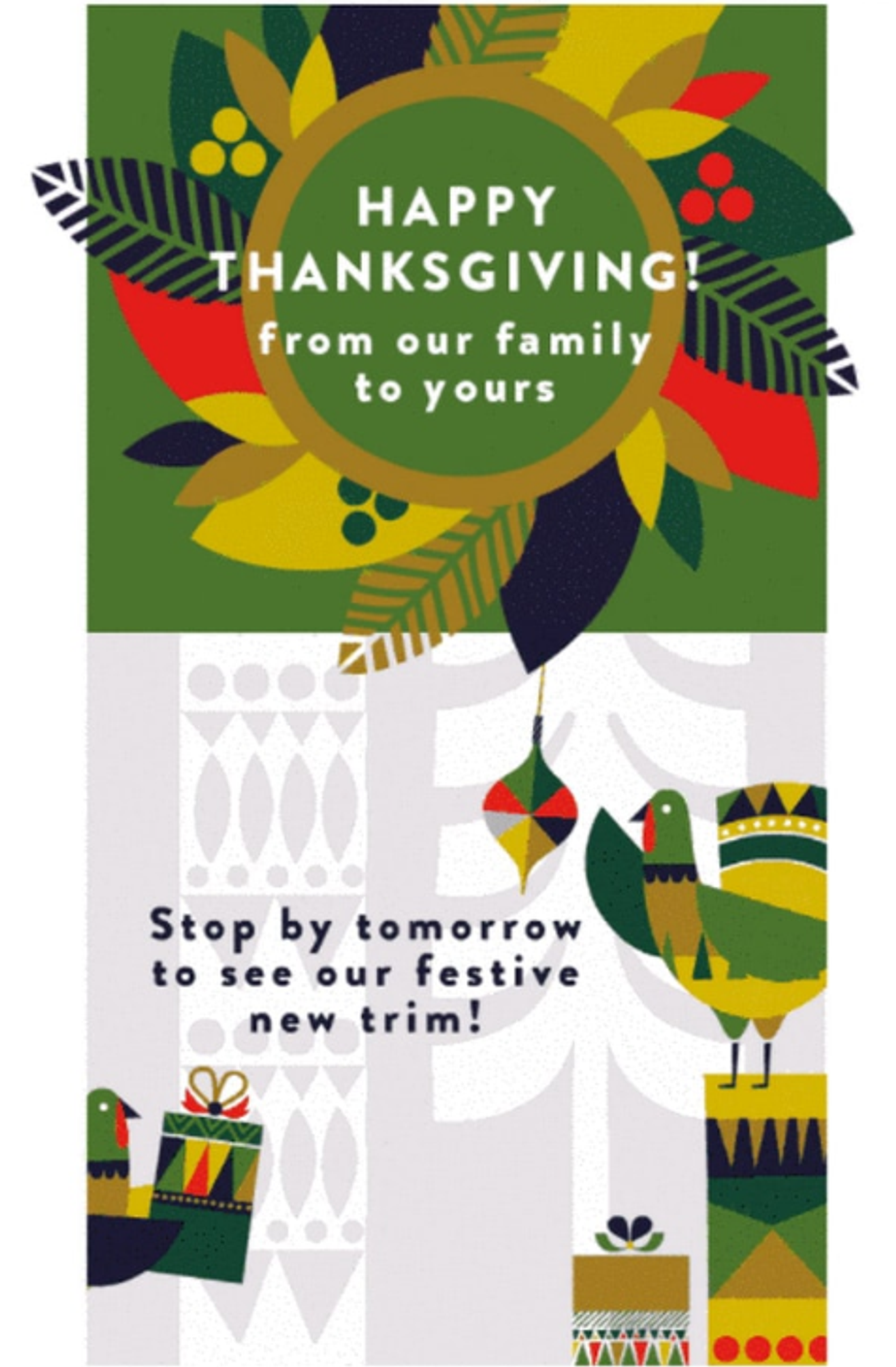 Screenshot of a Thanksgiving email announcing a new item/feature.