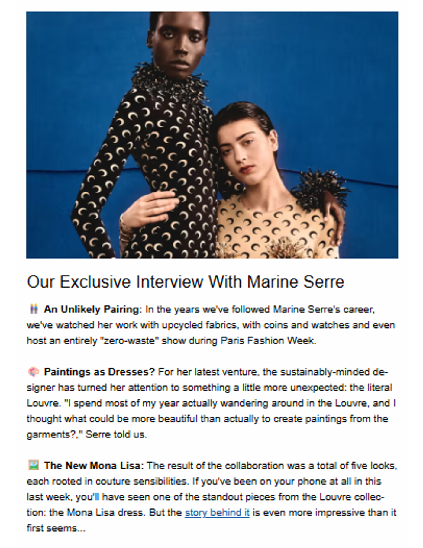 Screenshot of an email from a clothing brand that is building brand identity through the email content.