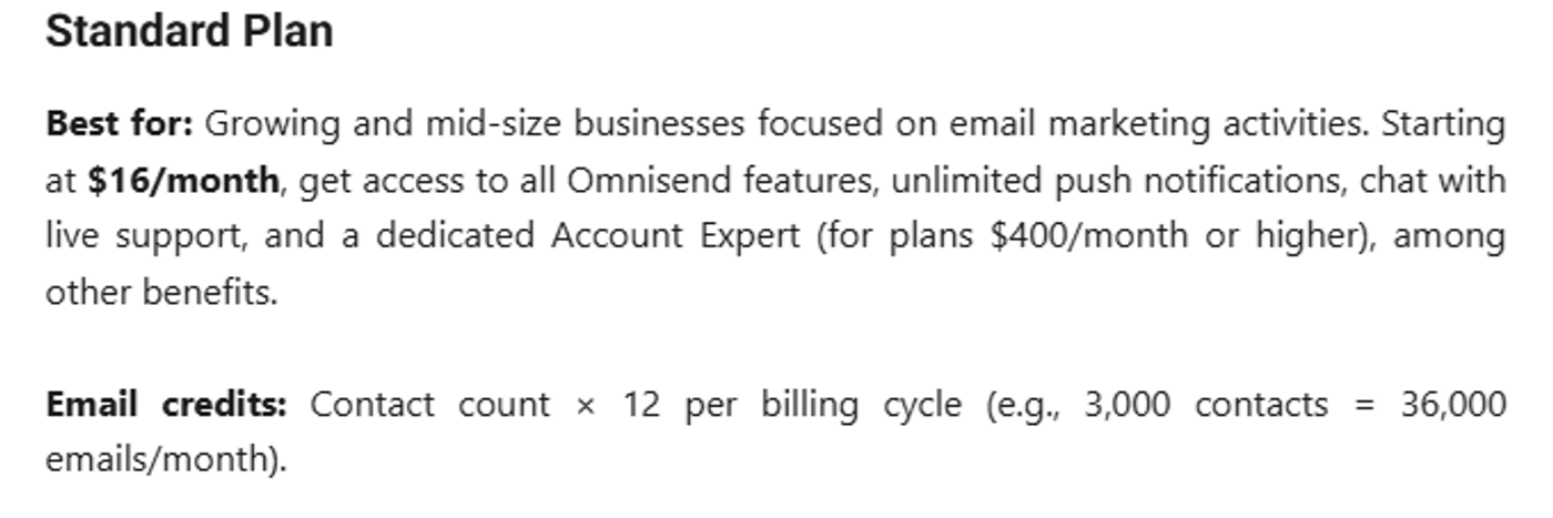 Omnisend standard plan pricing and features details.