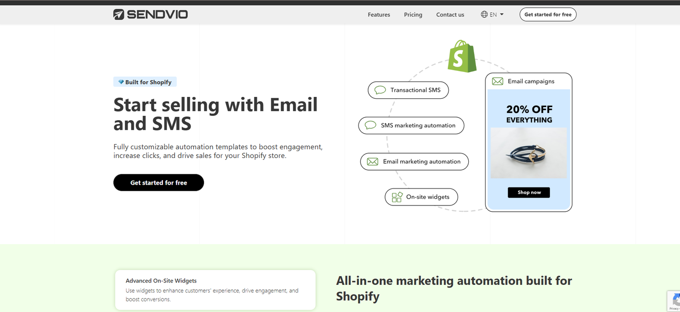 Screenshot showing Sendvio's homepage.