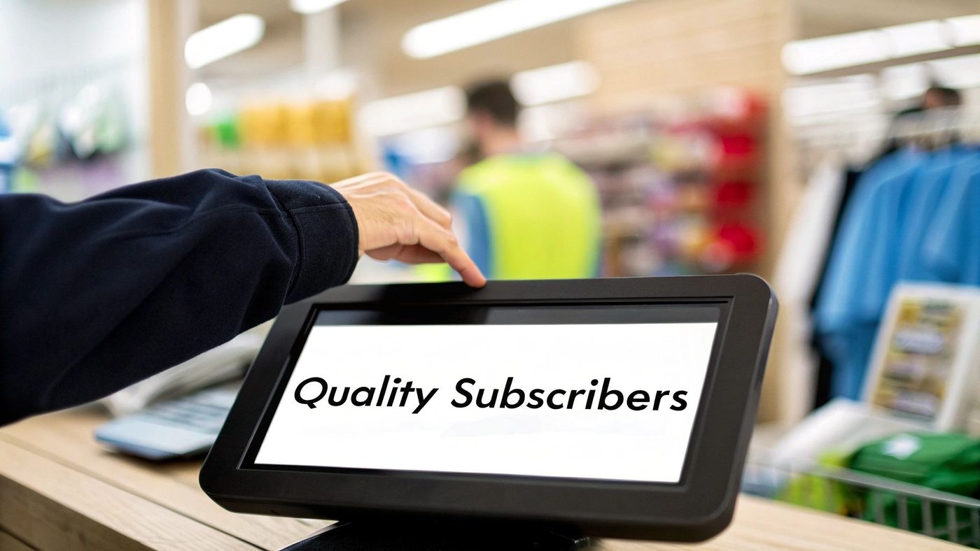 A person's hand touches a tablet screen displaying the text 'Quality Subscribers' in a retail setting.