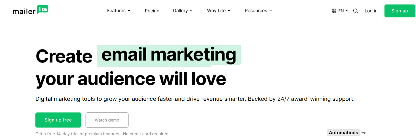 Screenshot showing MailerLite’s homepage.