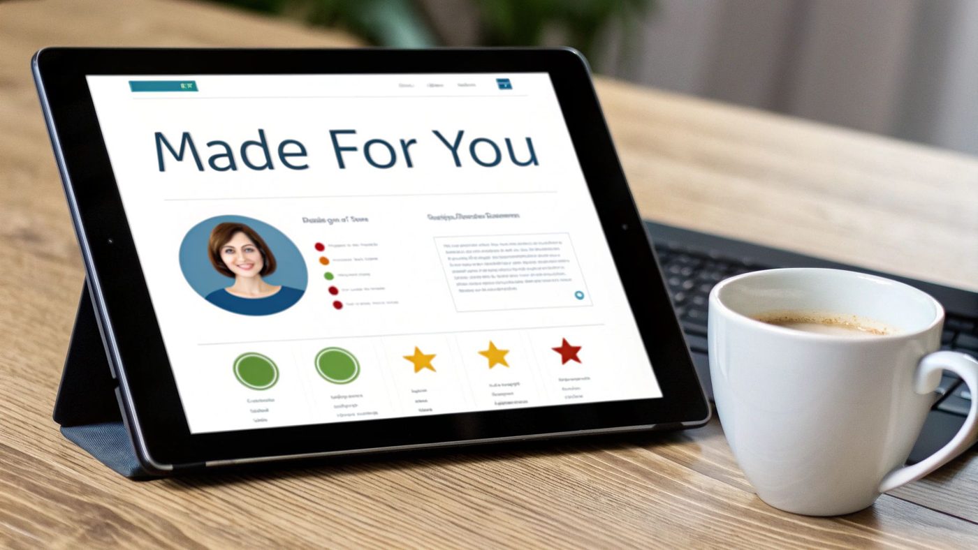 A tablet displaying a 'Made For You' webpage with a woman's profile, data visuals, coffee, and a laptop on a wooden desk.
