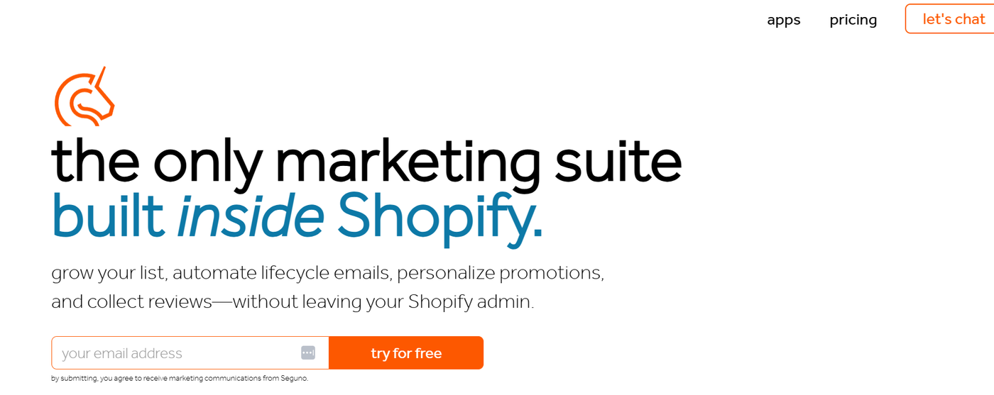 Screenshot of Seguno’s homepage displaying its Shopify-integrated email marketing interface.