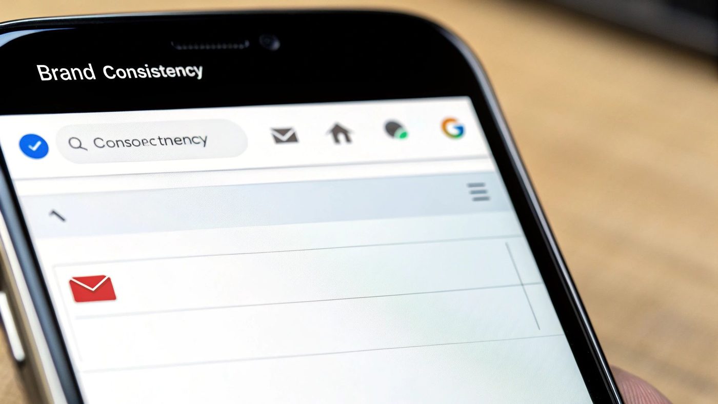 A close-up of a smartphone screen showing 'Brand Consistency' and a misspelled search query 'Consoectneny'.