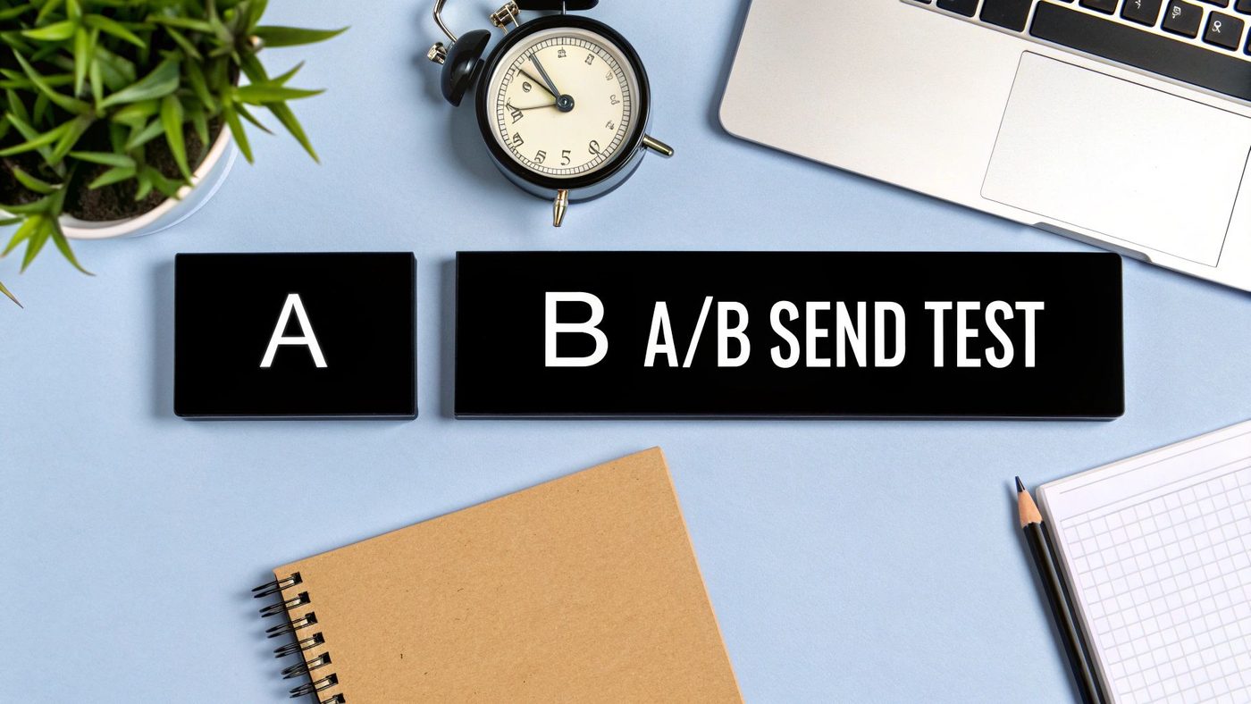 A desk flatlay showing 'A' and 'B A/B SEND TEST' blocks, alongside a laptop, plant, and notepad.