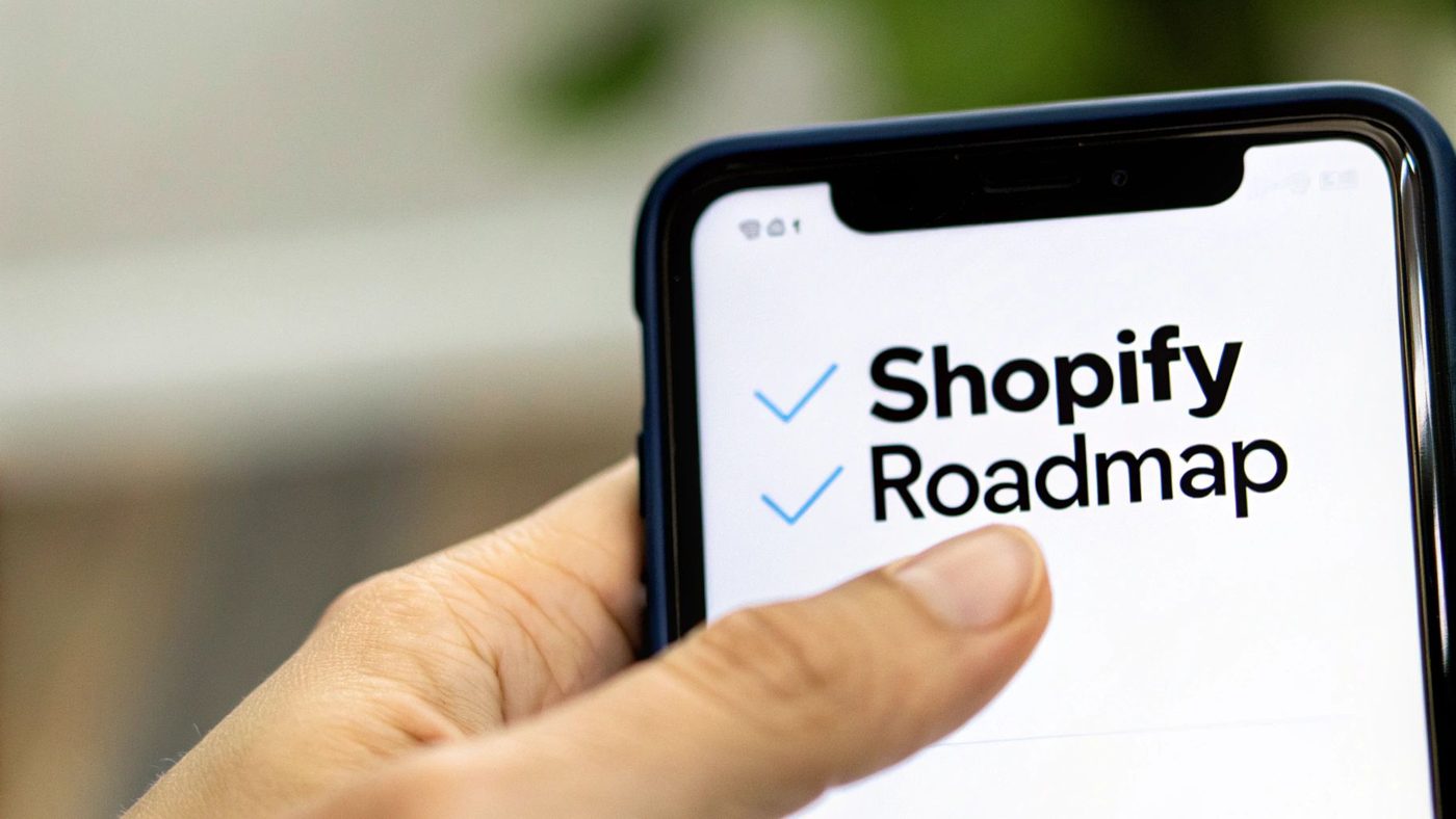 Close-up of a hand holding a smartphone displaying 'Shopify Roadmap' with blue checkmarks.