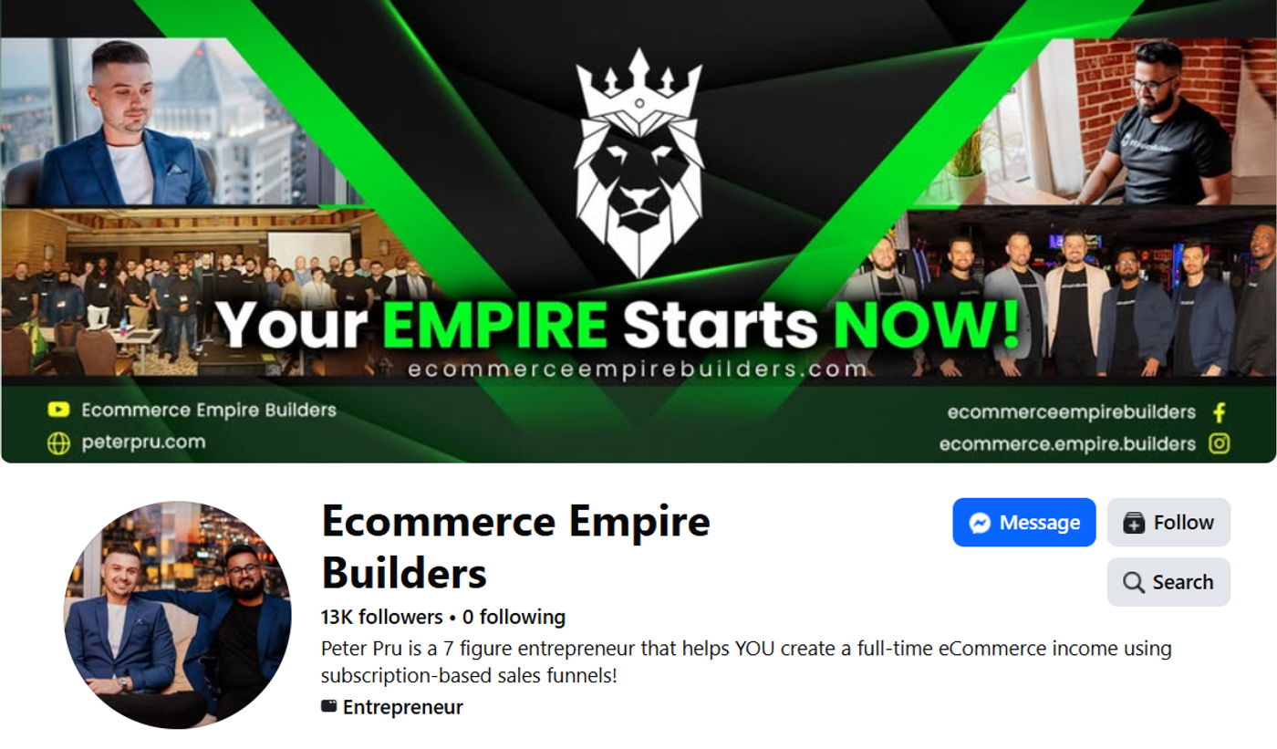 Screenshot of Ecommerce Empire Buildersâ Facebook page.