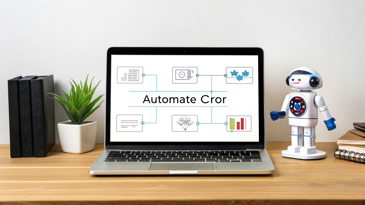 A desk setup with a laptop displaying an 'Automate Cror' flowchart, a robot, plant, and books.