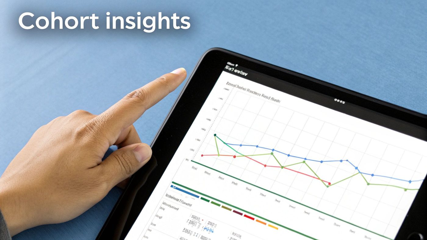 A hand touches a tablet screen displaying a multi-line graph and data for cohort insights analysis.