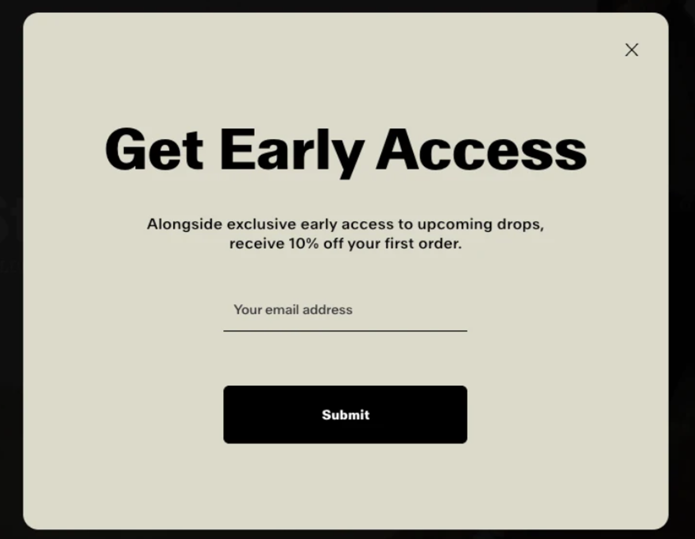 Screenshot of an email popup offering early access.