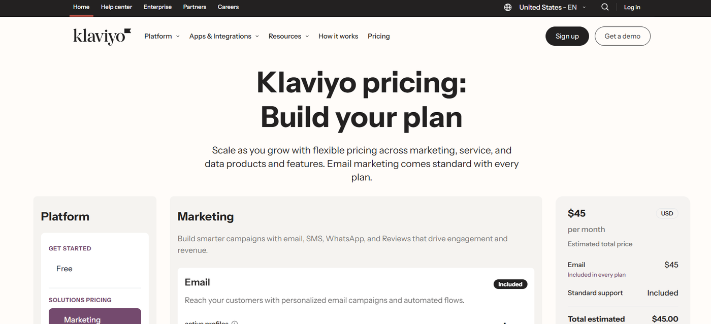 Screenshot of Klaviyo’s pricing page displaying the contact-based pricing tiers, monthly cost estimates, and SMS add-on options with a subscriber slider calculator.