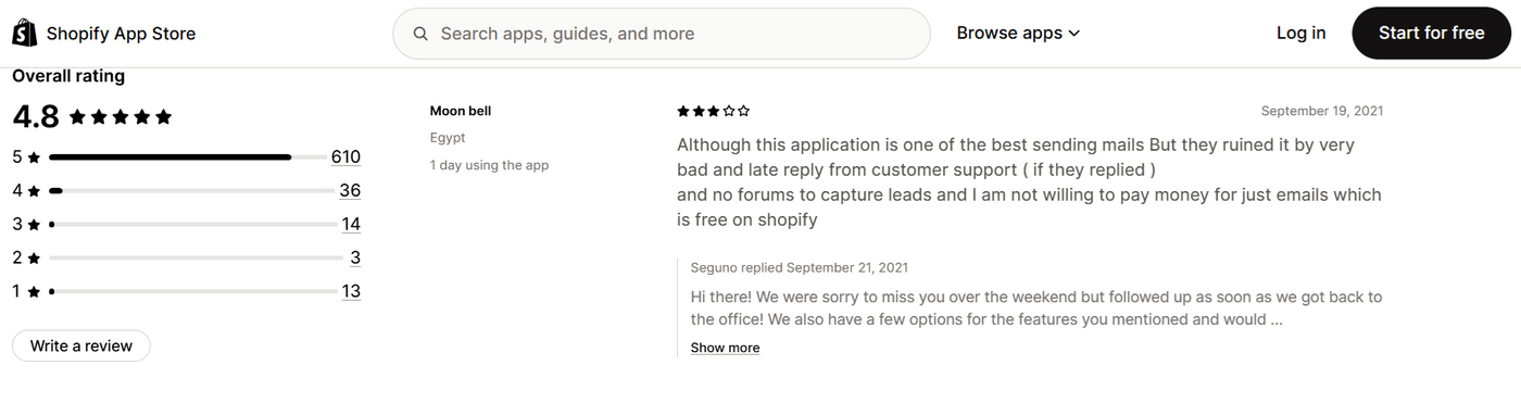 Screenshot of a Shopify App Store review stating Seguno is suitable for holiday mailers but limited for regular newsletters with pricey templates.
