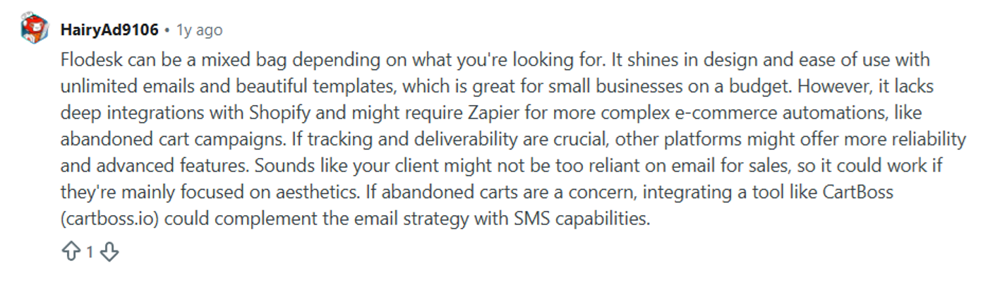 Screenshot showing a Flodesk review on Reddit.