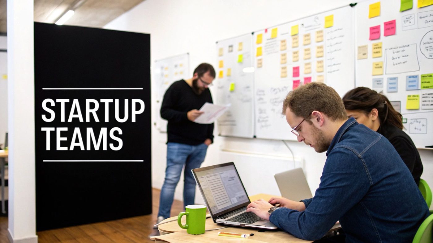 A startup team collaborates in an office, with one person typing on a laptop and another reviewing documents.