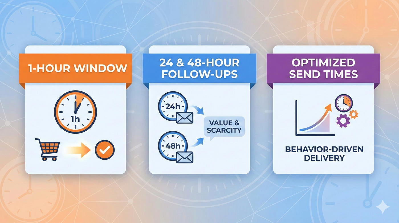 Infographic illustrating a three-part timing strategy for abandoned cart recovery emails.