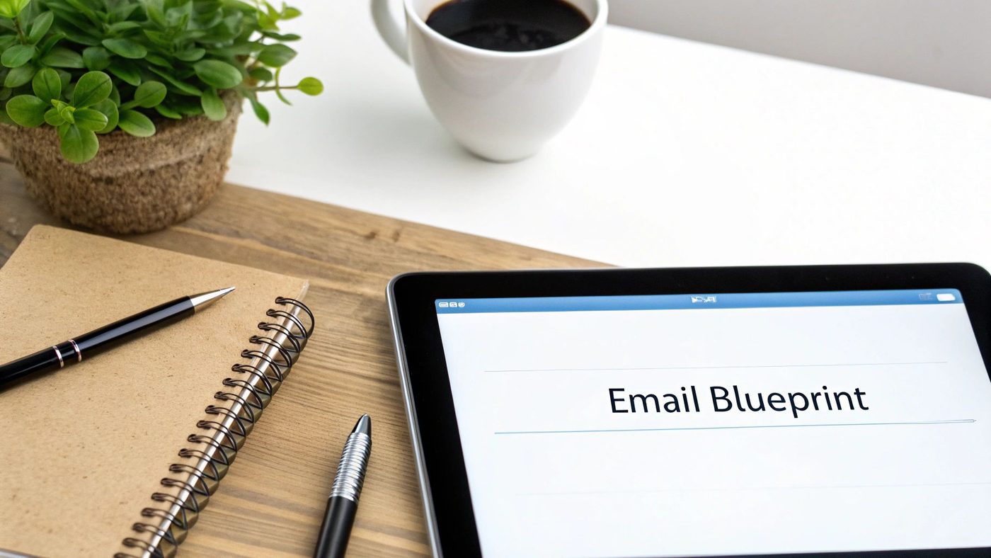 A digital tablet displaying 'Email Blueprint' on a desk with a notebook, pens, and coffee.