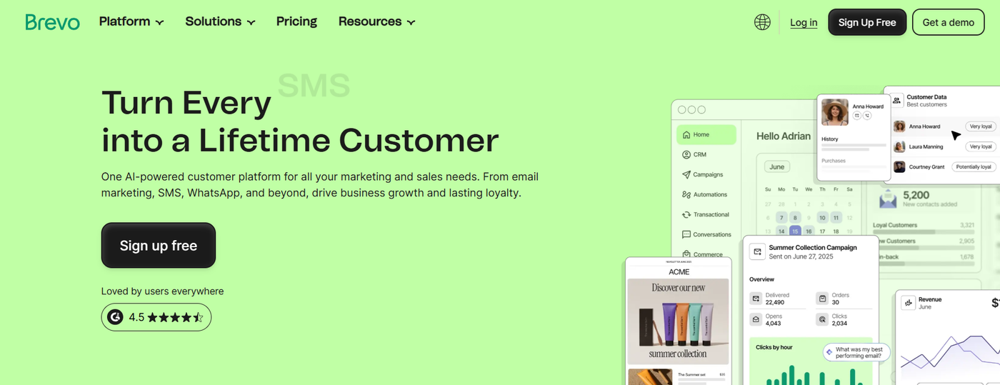 Screenshot of Brevo’s homepage displaying its email, SMS, and CRM marketing platform features with a clean dashboard preview.